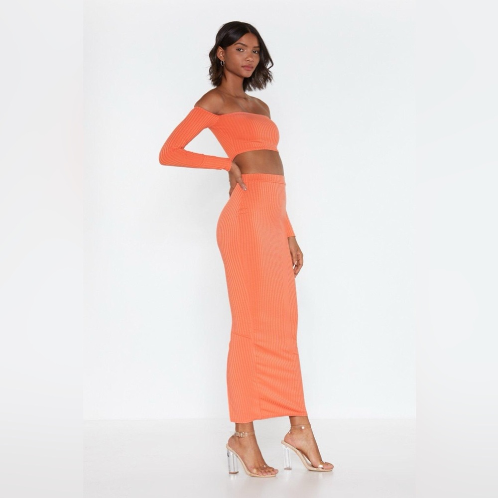 Coral Ribbed Off Shoulder Crop Top & Skirt Set